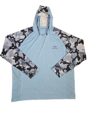 Bassdash Hooded Fishing Shirt Mens 2XL UPF 50+ Performance Blue Gray Camo Vented